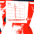 3 square pieces of paper leaning agains coffee cups to suggest an exhibition stand.