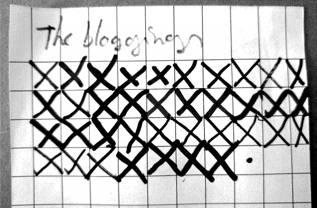 3 rows of 10 crossed out cells, another with 7 crossed outs and a dot in cell eight