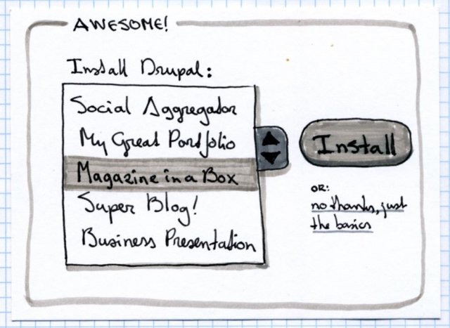 Sketch of select list with different types of sites as part of the Drupal installer: social aggregator, my great portfolio, magazine in a box, super blog!, business presentation