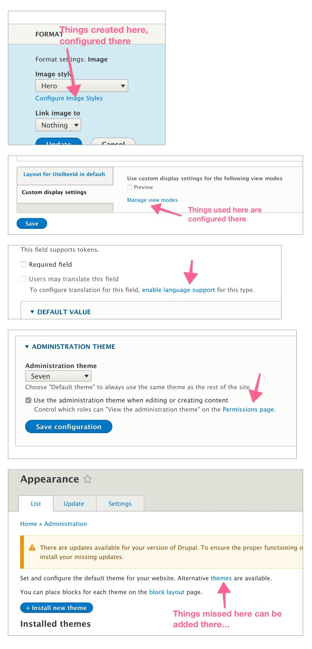 Collection of 4 screenshots from Drupal admin that shows interface elements linking to related areas elsewhere in admin.