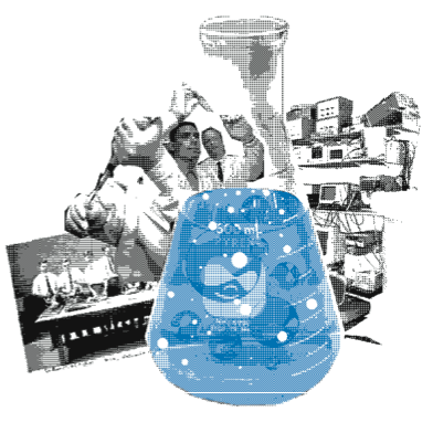 lab test illustration, druplicons in an erlenmeyer flask